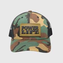 The Power Lift Camo/Tan Trucker Hat combines a premium tan 3D PVC patch.